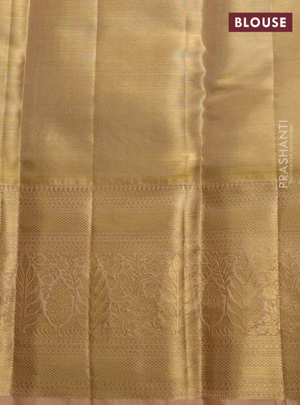Pure kanchipuram tissue silk saree gold and sandal with allover zari woven floral brocade weaves and rich zari woven border