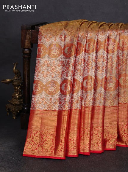 Pure kanchipuram tissue silk saree golden red and red with allover zari woven brocade weaves and rich zari woven border