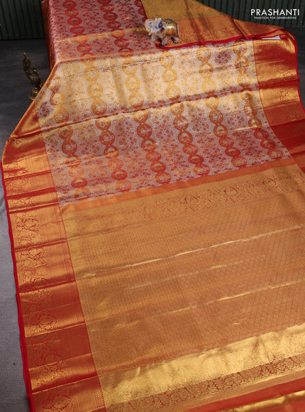Pure kanchipuram tissue silk saree golden red and red with allover zari woven brocade weaves and rich zari woven border