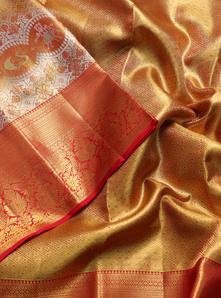 Pure kanchipuram tissue silk saree golden red and red with allover zari woven brocade weaves and rich zari woven border