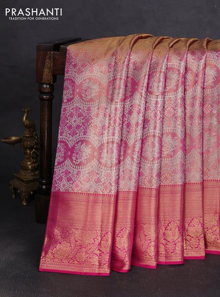 Pure kanchipuram tissue silk saree golden pink and magenta pink with allover zari woven brocade weaves and rich zari woven border
