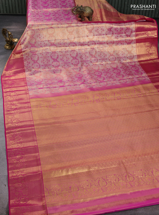 Pure kanchipuram tissue silk saree golden pink and magenta pink with allover zari woven brocade weaves and rich zari woven border