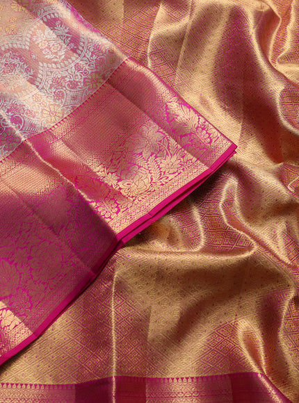Pure kanchipuram tissue silk saree golden pink and magenta pink with allover zari woven brocade weaves and rich zari woven border