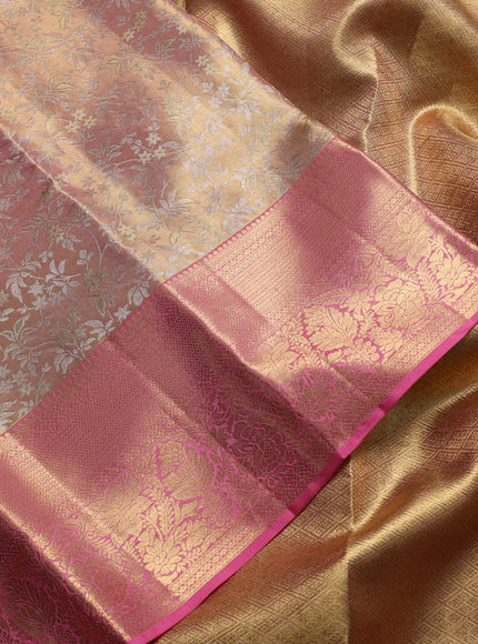 Pure kanchipuram tissue silk saree dual shade of baby pink and light pink with allover zari woven floral brocade weaves and rich zari woven border