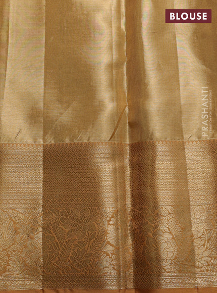 Pure kanchipuram tissue silk saree sandal with allover zari woven floral brocade weaves and rich zari woven border
