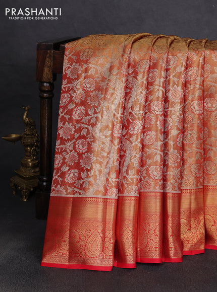 Pure kanchipuram tissue silk saree golden red and red with allover zari woven floral brocade weaves and rich zari woven border