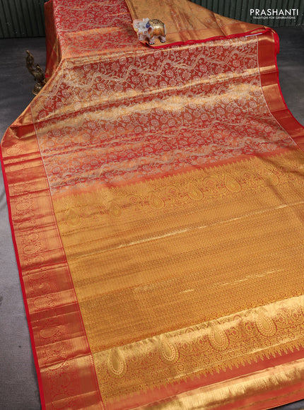 Pure kanchipuram tissue silk saree golden red and red with allover zari woven floral brocade weaves and rich zari woven border