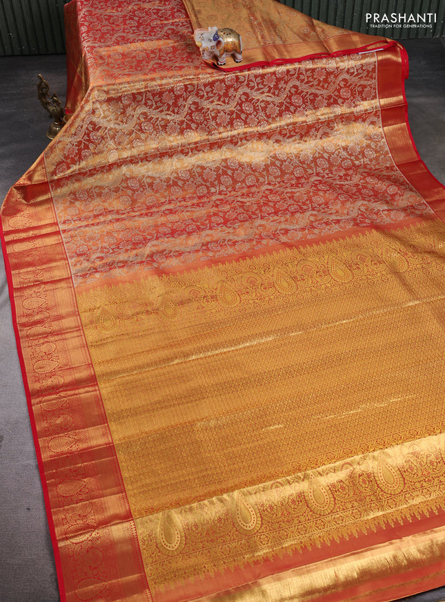 Pure kanchipuram tissue silk saree golden red and red with allover zari woven floral brocade weaves and rich zari woven border