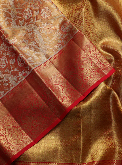 Pure kanchipuram tissue silk saree golden red and red with allover zari woven floral brocade weaves and rich zari woven border