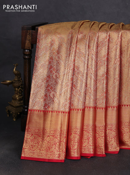 Pure kanchipuram tissue silk saree golden red with allover zari woven brocade weaves and rich zari woven border