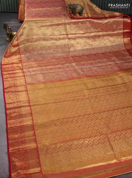 Pure kanchipuram tissue silk saree golden red with allover zari woven brocade weaves and rich zari woven border