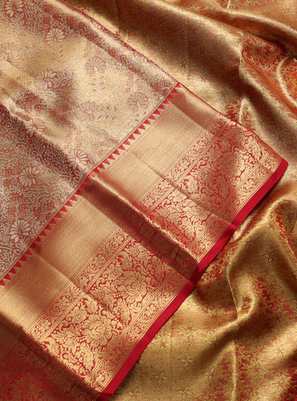 Pure kanchipuram tissue silk saree golden red with allover zari woven brocade weaves and rich zari woven border
