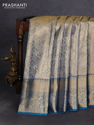 Pure kanchipuram tissue silk saree dual shade of peacock blue with allover zari woven brocade weaves and rich zari woven border
