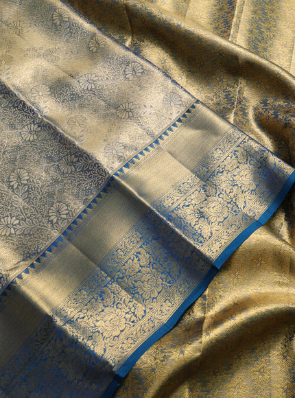 Pure kanchipuram tissue silk saree dual shade of peacock blue with allover zari woven brocade weaves and rich zari woven border