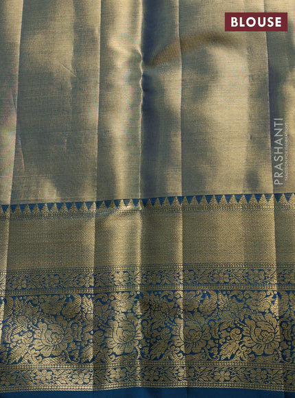 Pure kanchipuram tissue silk saree dual shade of peacock blue with allover zari woven brocade weaves and rich zari woven border