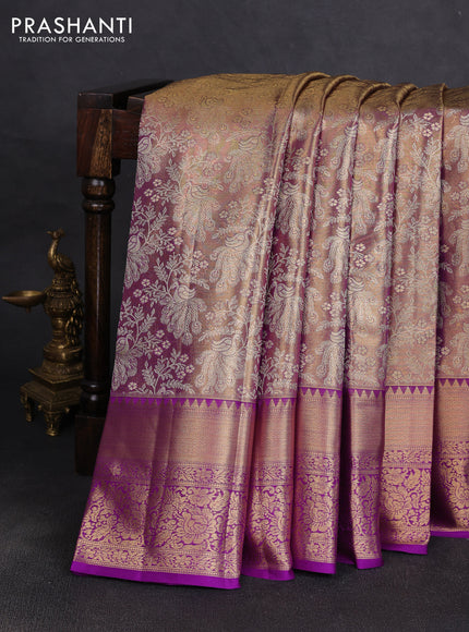 Pure kanchipuram tissue silk saree dual shade of gold and purple with allover zari woven brocade peacock weaves and rich zari woven border