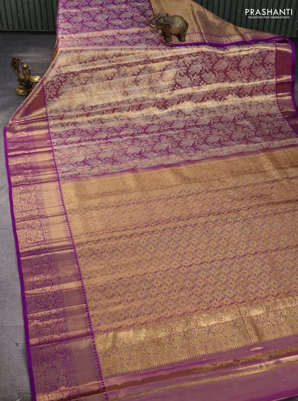 Pure kanchipuram tissue silk saree dual shade of gold and purple with allover zari woven brocade peacock weaves and rich zari woven border