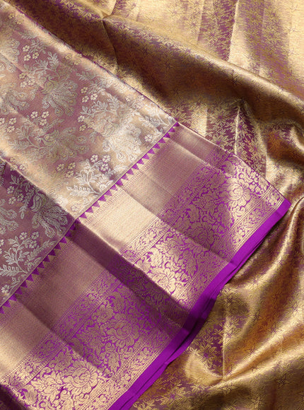 Pure kanchipuram tissue silk saree dual shade of gold and purple with allover zari woven brocade peacock weaves and rich zari woven border