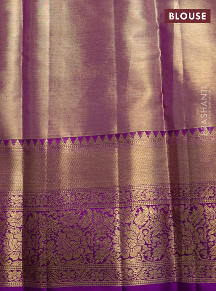 Pure kanchipuram tissue silk saree dual shade of gold and purple with allover zari woven brocade peacock weaves and rich zari woven border