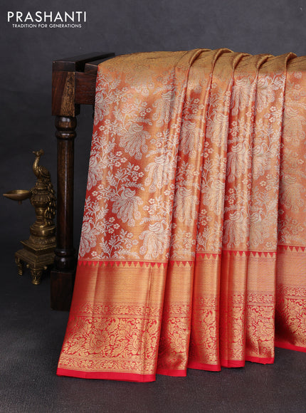 Pure kanchipuram tissue silk saree golden red with allover zari woven brocade peacock weaves and rich zari woven border