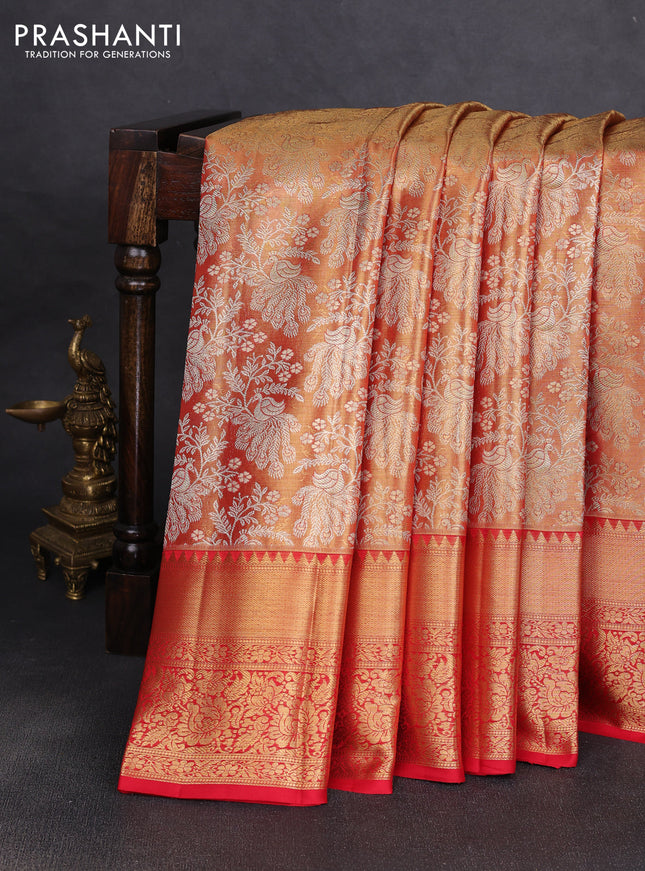 Pure kanchipuram tissue silk saree golden red with allover zari woven brocade peacock weaves and rich zari woven border