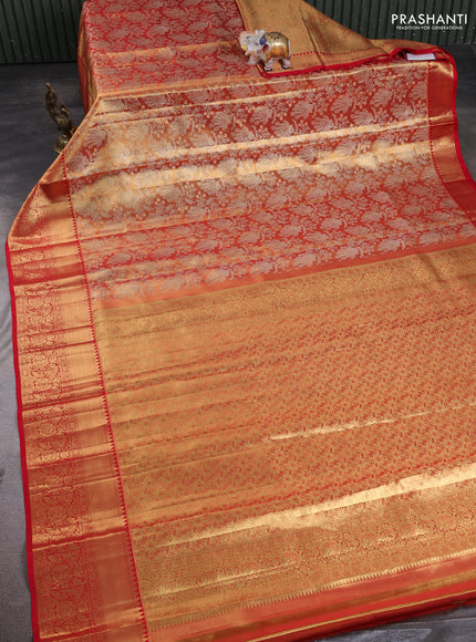 Pure kanchipuram tissue silk saree golden red with allover zari woven brocade peacock weaves and rich zari woven border