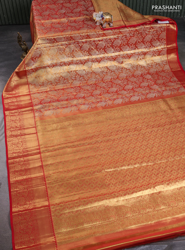 Pure kanchipuram tissue silk saree golden red with allover zari woven brocade peacock weaves and rich zari woven border