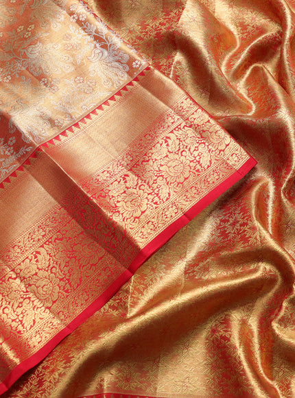 Pure kanchipuram tissue silk saree golden red with allover zari woven brocade peacock weaves and rich zari woven border