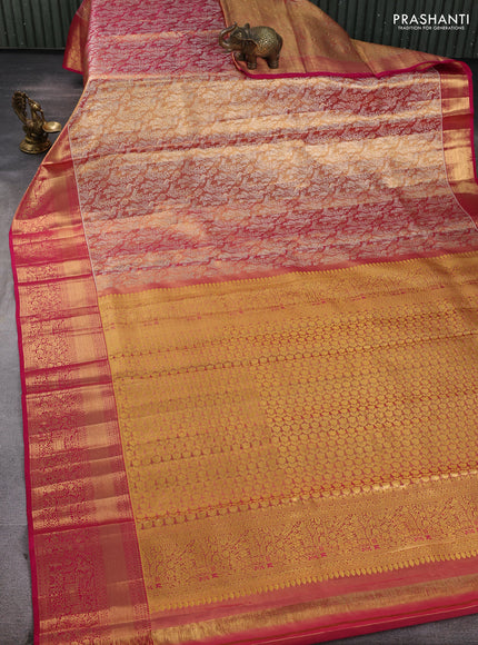 Pure kanchipuram tissue silk saree golden pink and pink with allover zari woven brocade peacock weaves and rich zari woven border