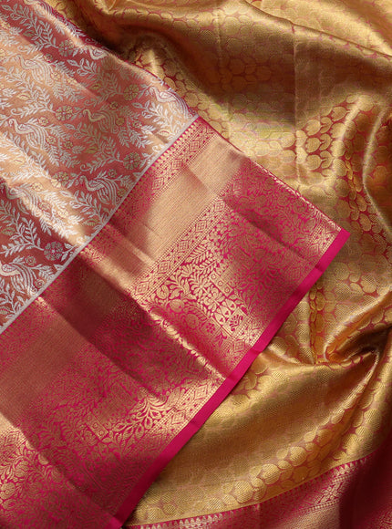 Pure kanchipuram tissue silk saree golden pink and pink with allover zari woven brocade peacock weaves and rich zari woven border