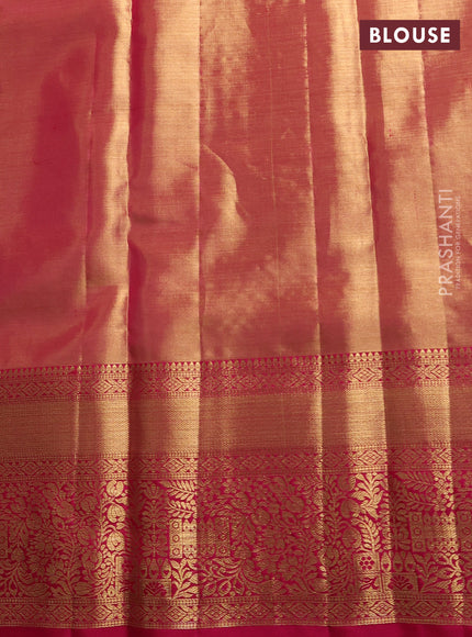Pure kanchipuram tissue silk saree golden pink and pink with allover zari woven brocade peacock weaves and rich zari woven border