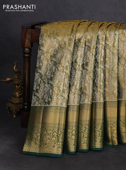 Pure kanchipuram tissue silk saree golden green and green with allover zari woven brocade peacock weaves and rich zari woven border