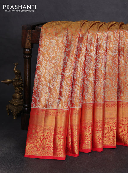 Pure kanchipuram tissue silk saree golden red and red with allover zari woven brocade peacock weaves and rich zari woven border