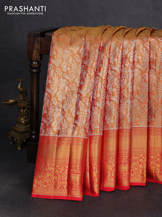 Pure kanchipuram tissue silk saree golden red and red with allover zari woven brocade peacock weaves and rich zari woven border