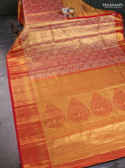 Pure kanchipuram tissue silk saree golden red and red with allover zari woven brocade peacock weaves and rich zari woven border
