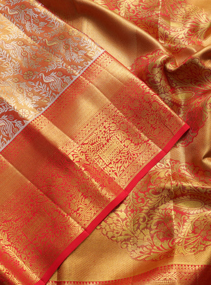 Pure kanchipuram tissue silk saree golden red and red with allover zari woven brocade peacock weaves and rich zari woven border
