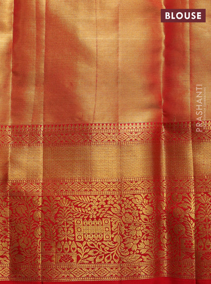 Pure kanchipuram tissue silk saree golden red and red with allover zari woven brocade peacock weaves and rich zari woven border