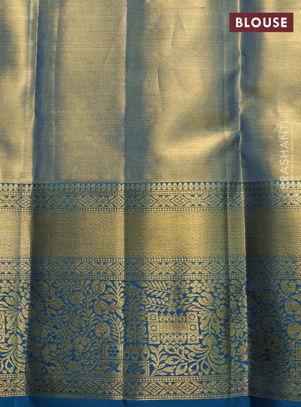 Pure kanchipuram tissue silk saree gold and peacock green with allover zari woven brocade peacock weaves and rich zari woven border