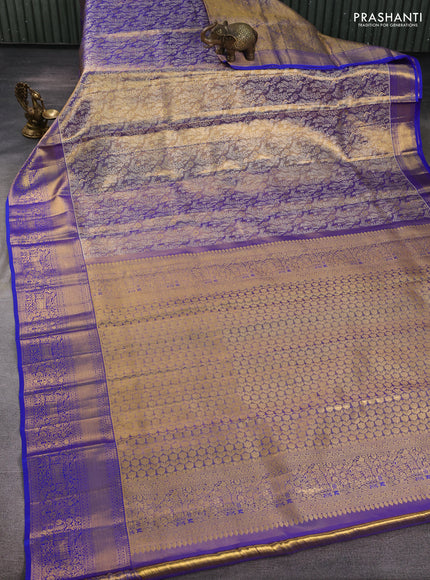 Pure kanchipuram tissue silk saree gold and royal blue with allover zari woven brocade peacock weaves and rich zari woven border