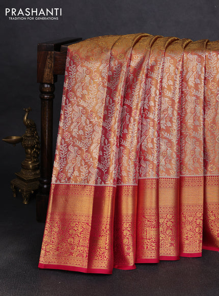 Pure kanchipuram tissue silk saree golden pink and dark pink with allover zari woven brocade peacock weaves and rich zari woven border