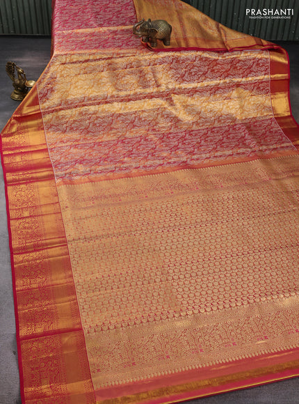 Pure kanchipuram tissue silk saree golden pink and dark pink with allover zari woven brocade peacock weaves and rich zari woven border