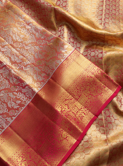 Pure kanchipuram tissue silk saree golden pink and dark pink with allover zari woven brocade peacock weaves and rich zari woven border