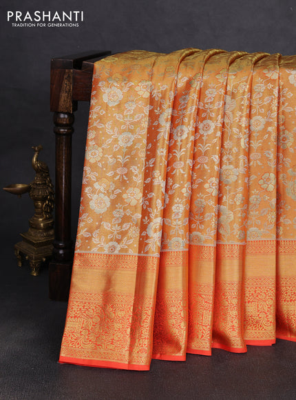 Pure kanchipuram tissue silk saree orange with allover zari woven brocade floral weaves and rich zari woven border