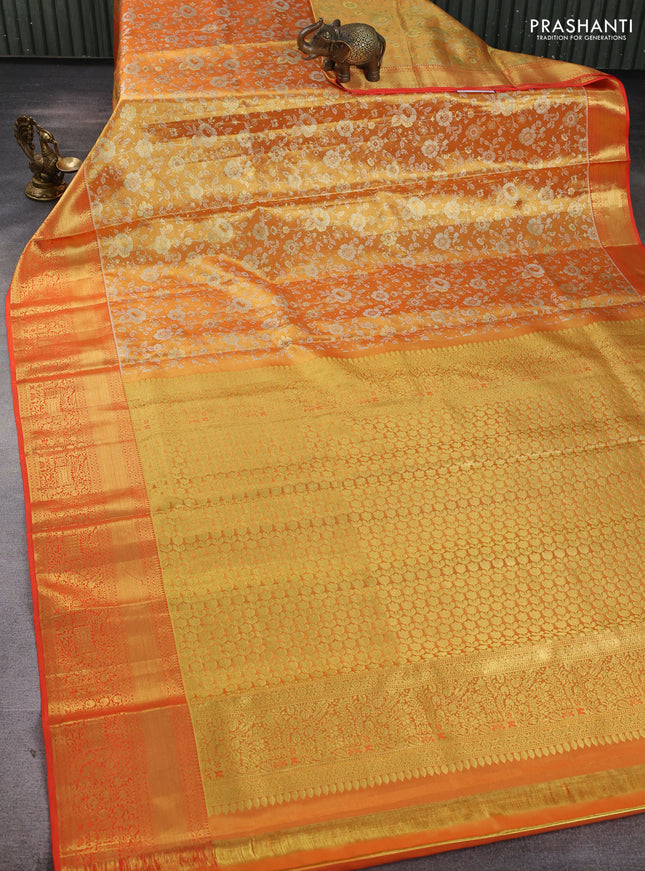 Pure kanchipuram tissue silk saree orange with allover zari woven brocade floral weaves and rich zari woven border