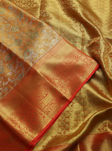 Pure kanchipuram tissue silk saree orange with allover zari woven brocade floral weaves and rich zari woven border