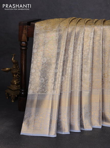 Pure kanchipuram tissue silk saree gold and grey with allover zari woven brocade floral weaves and rich zari woven border
