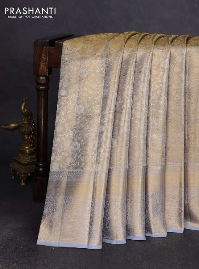 Pure kanchipuram tissue silk saree gold and grey with allover zari woven brocade floral weaves and rich zari woven border