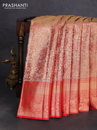 Pure kanchipuram tissue silk saree dual shade of gold and red with allover zari woven brocade floral weaves and rich zari woven border