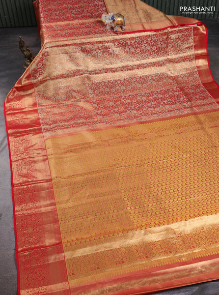 Pure kanchipuram tissue silk saree dual shade of gold and red with allover zari woven brocade floral weaves and rich zari woven border