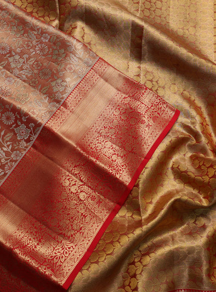 Pure kanchipuram tissue silk saree dual shade of gold and red with allover zari woven brocade floral weaves and rich zari woven border